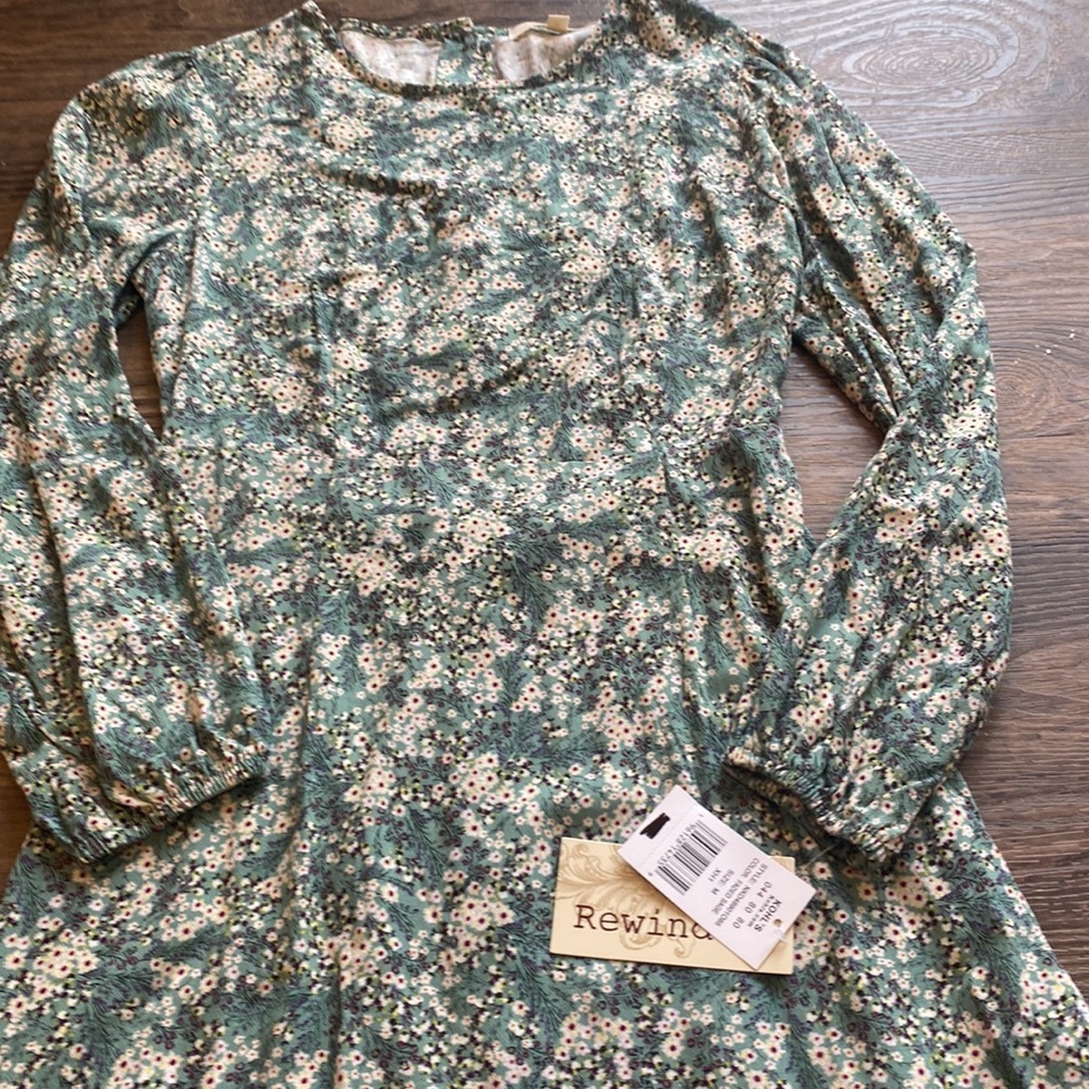 NWT - Rewind Teal Floral Long Sleeve Ruffle-Hem Dress
